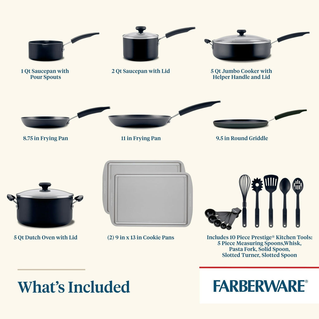 Farberware Easy Clean 22 Piece Nonstick Cookware Pots and Pans Set, Black