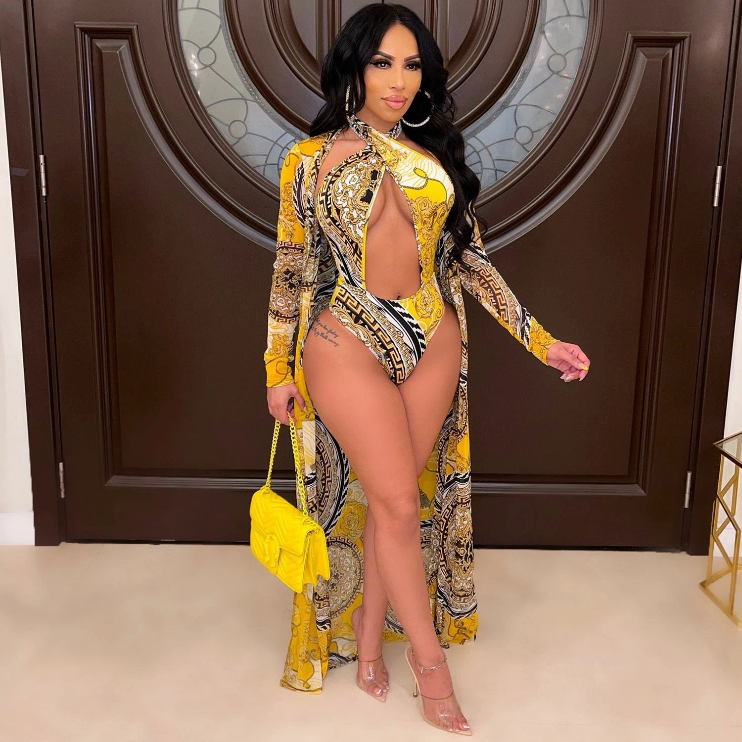 Long Sleeve cover up one piece Swimsuit set