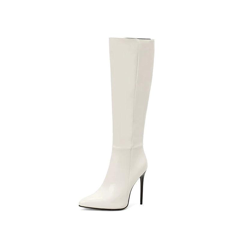 Autumn And Winter New Women Pointed Toe Stiletto Heel Side Zipper Below The Knee Boots