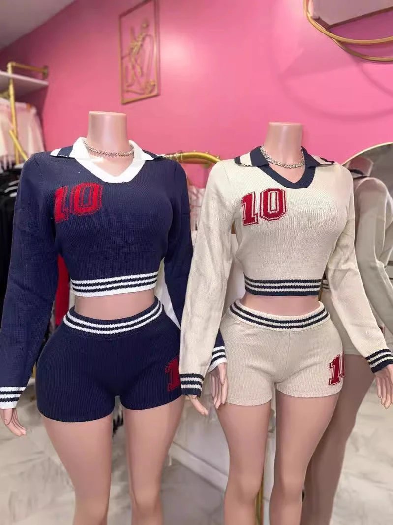 Lapel Girls Contrast Color Stretch Long Sleeve Top Shorts Suit Women