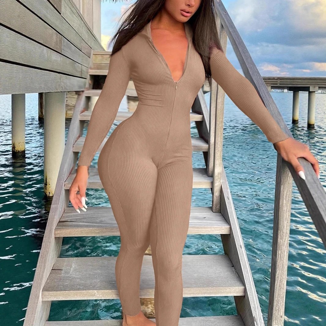 Casual Ribbed Zip-up Jumpsuit Long Sleeves