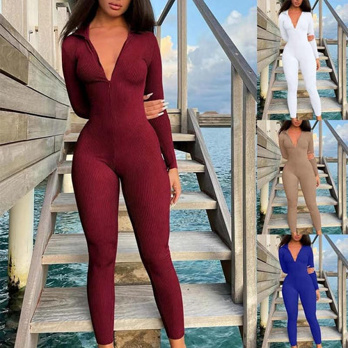 Casual Ribbed Zip-up Jumpsuit Long Sleeves