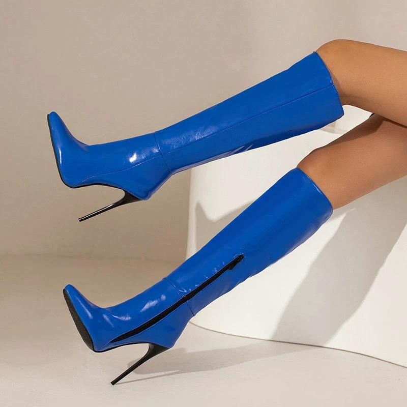 Autumn And Winter New Women Pointed Toe Stiletto Heel Side Zipper Below The Knee Boots