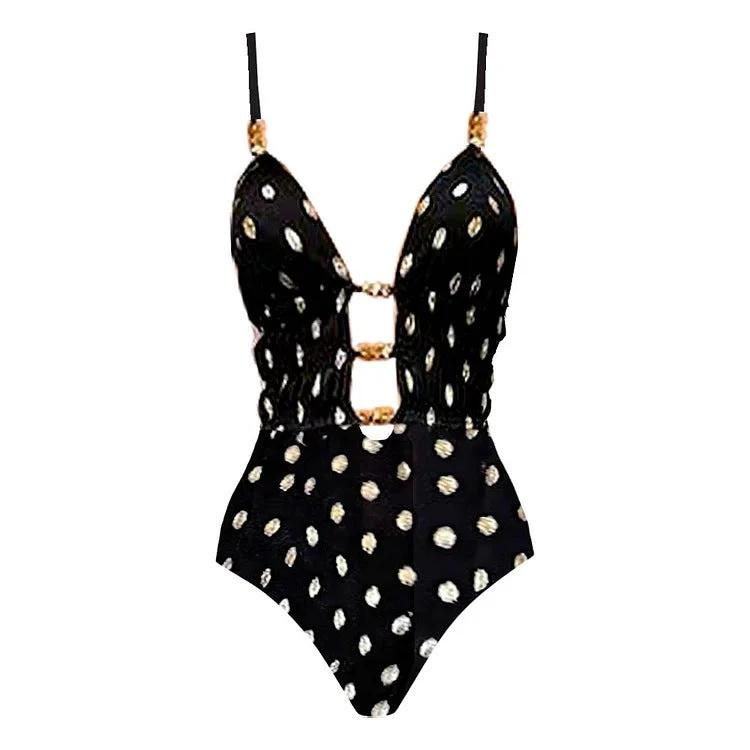 Deep V Retro Dots Printed One-piece Swimsuit Suit