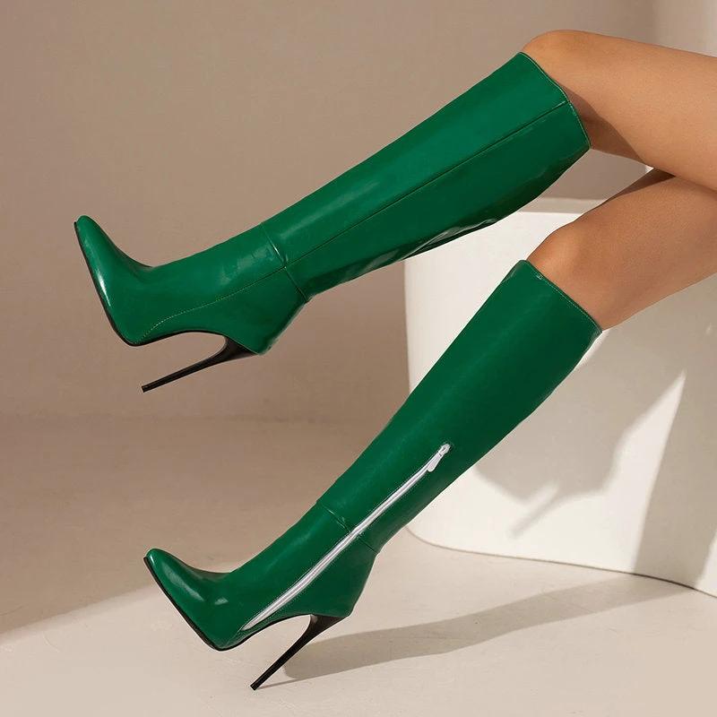 Autumn And Winter New Women Pointed Toe Stiletto Heel Side Zipper Below The Knee Boots